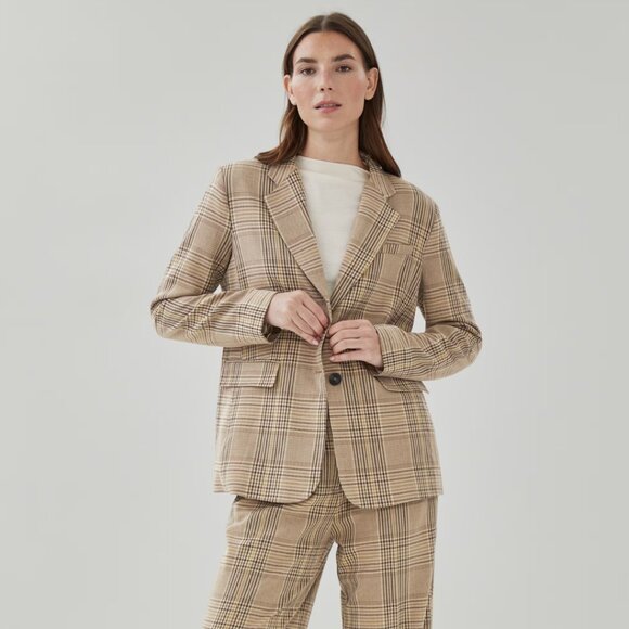 Womens Beige Plaid Single-Breasted Blazer Size L NWT Notch Collar - Picture 5 of 12